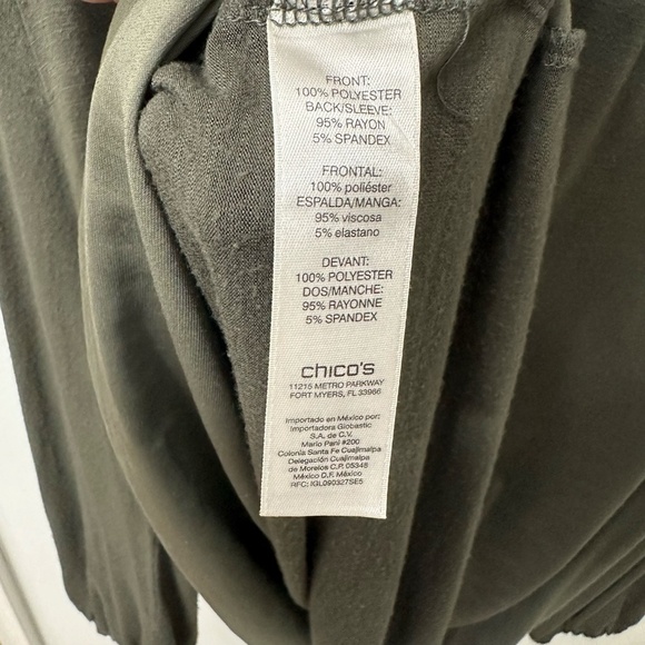 Chico’s Sz 1 (US M/L) Dark Khaki/Olive Green Ruffle Detail V Neck Top GUC - Picture 6 of 10